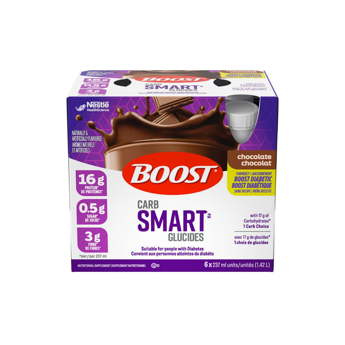 BOOST Diabetic Nutritional Supplement Chocolate 1.42 L bundle of four retail packs